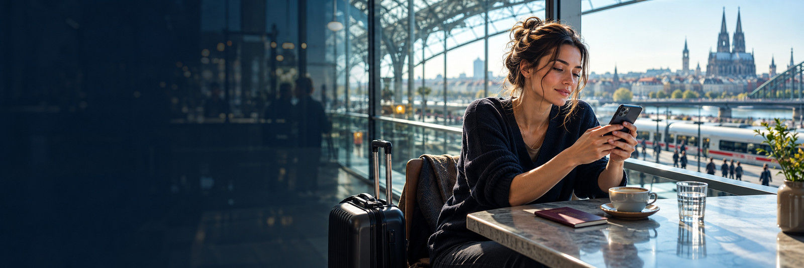 Reiziger gebruikt haar telefoon in een stationscafé