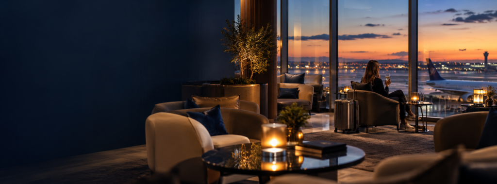 Reiziger in een luchthavenlounge bij zonsondergang