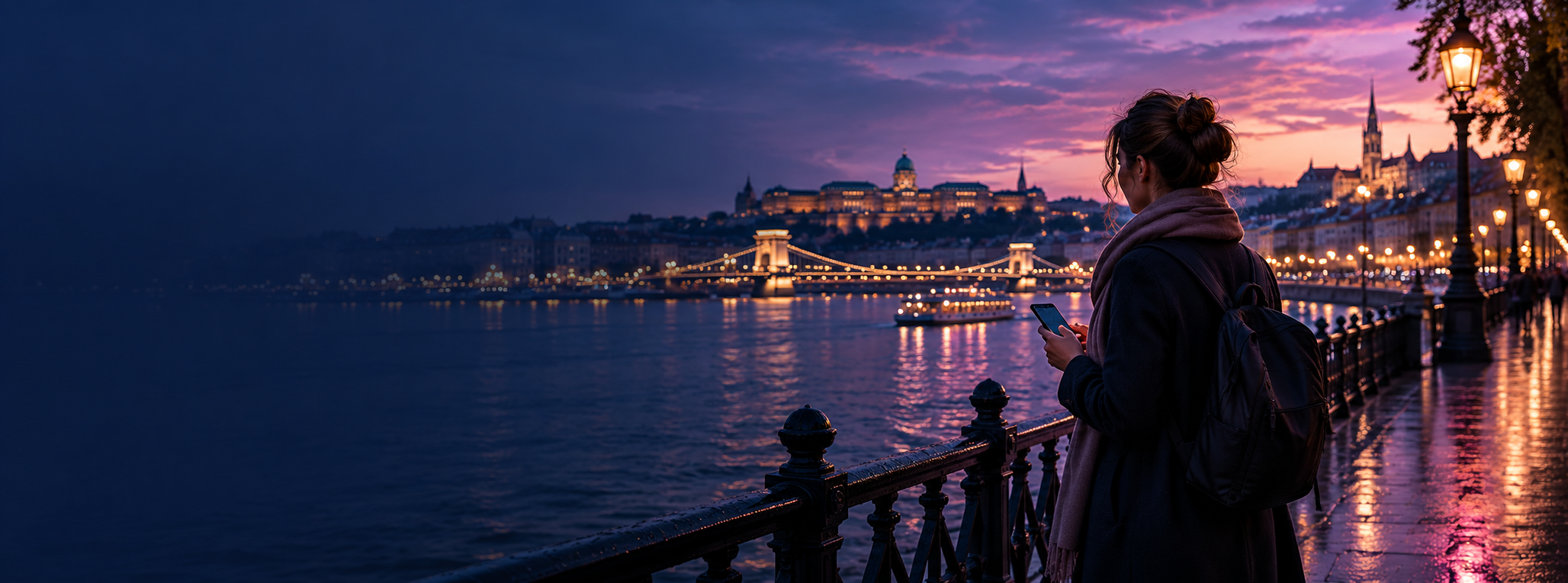 Traveler uses a phone by a river at dusk