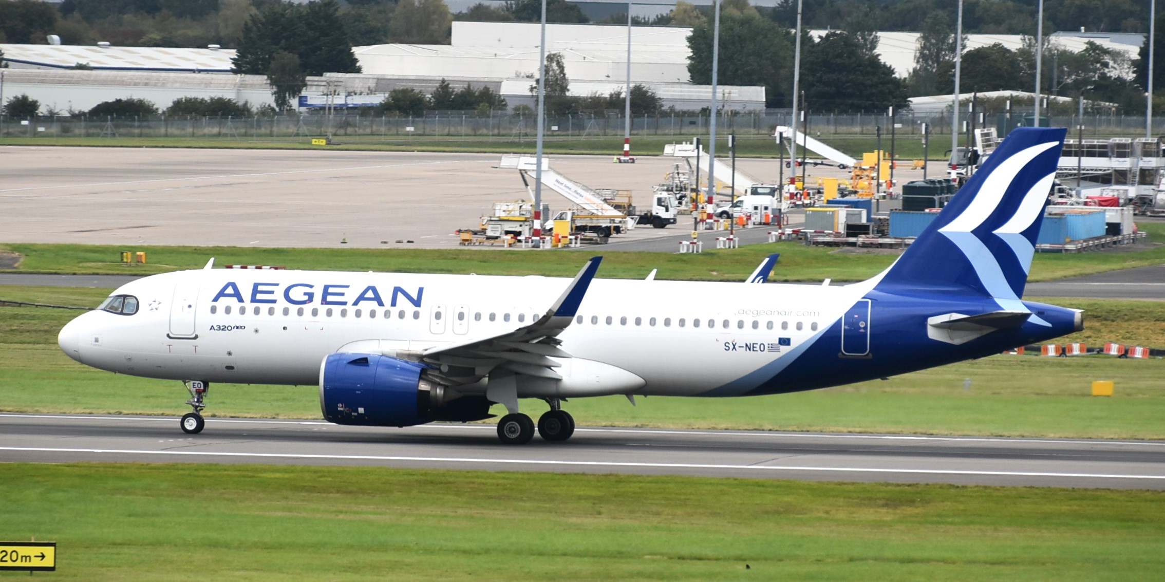 AEGEAN Airbus A320neo SX-NEO on the runway at Birmingham, photographed in 2023.