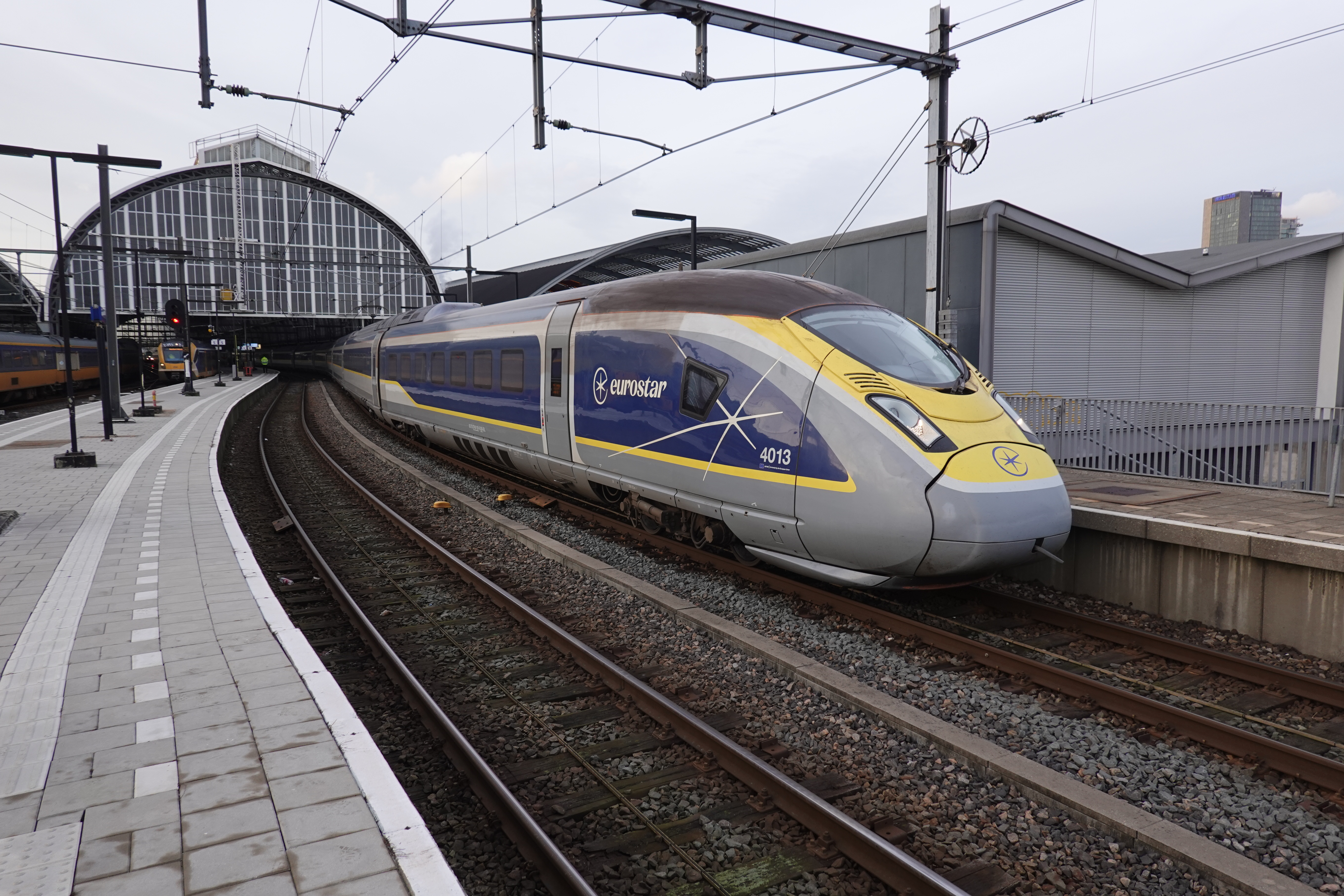 Eurostar train beside the platform at Amsterdam Centraal, archive photograph from January 2024
