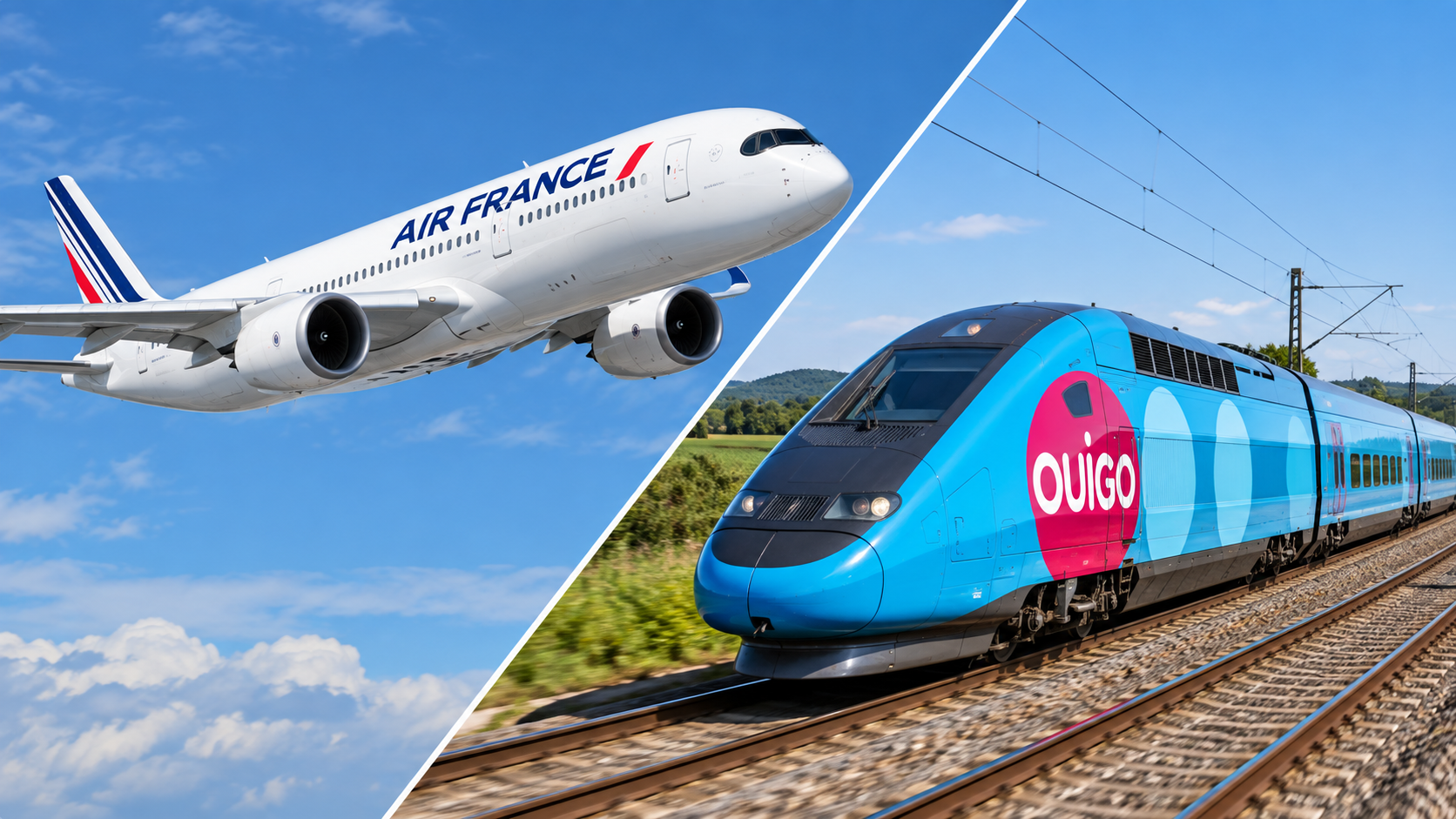 Diagonally split composite of an Air France aircraft and an OUIGO train