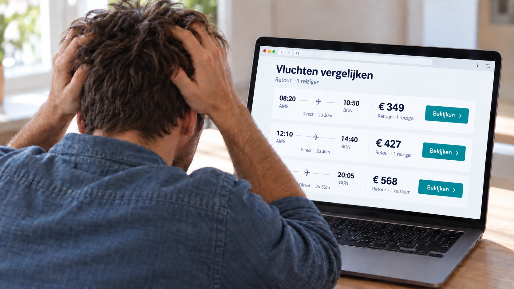 Traveller holding his head while comparing airfares on a laptop