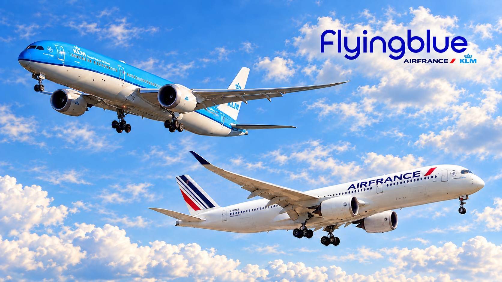 Bewerkte compositie van KLM en Air France met het Flying Blue-logo tussen natuurlijke wolken