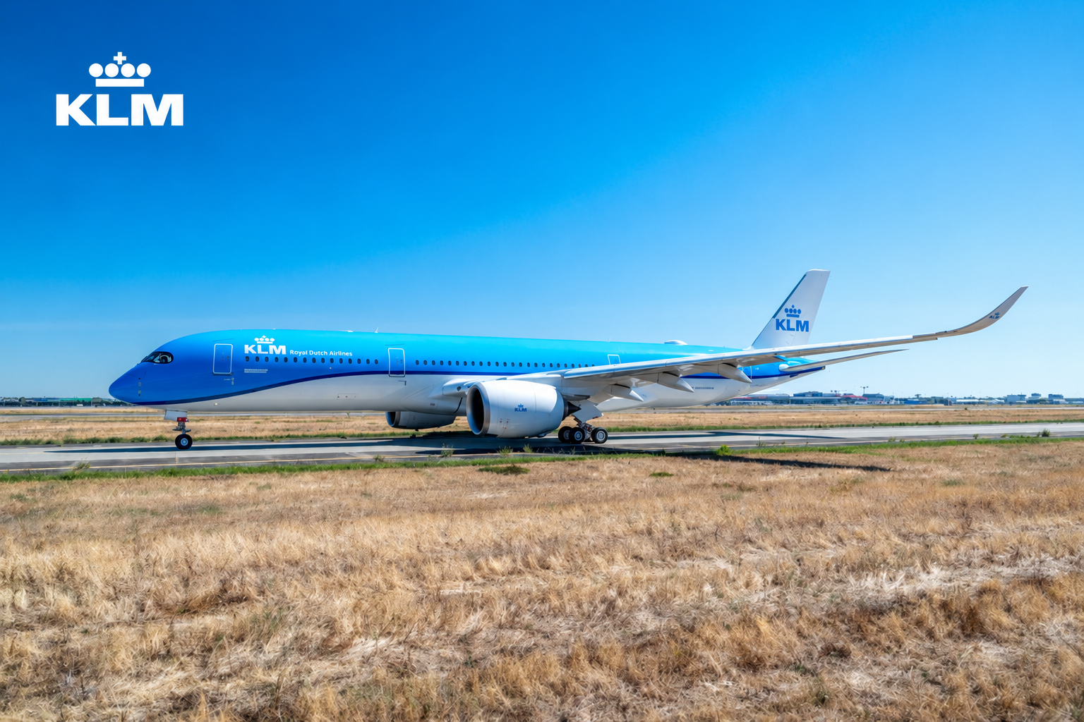 Edited KLM Airbus A350 photo during testing, with a white KLM logo in the upper-left corner