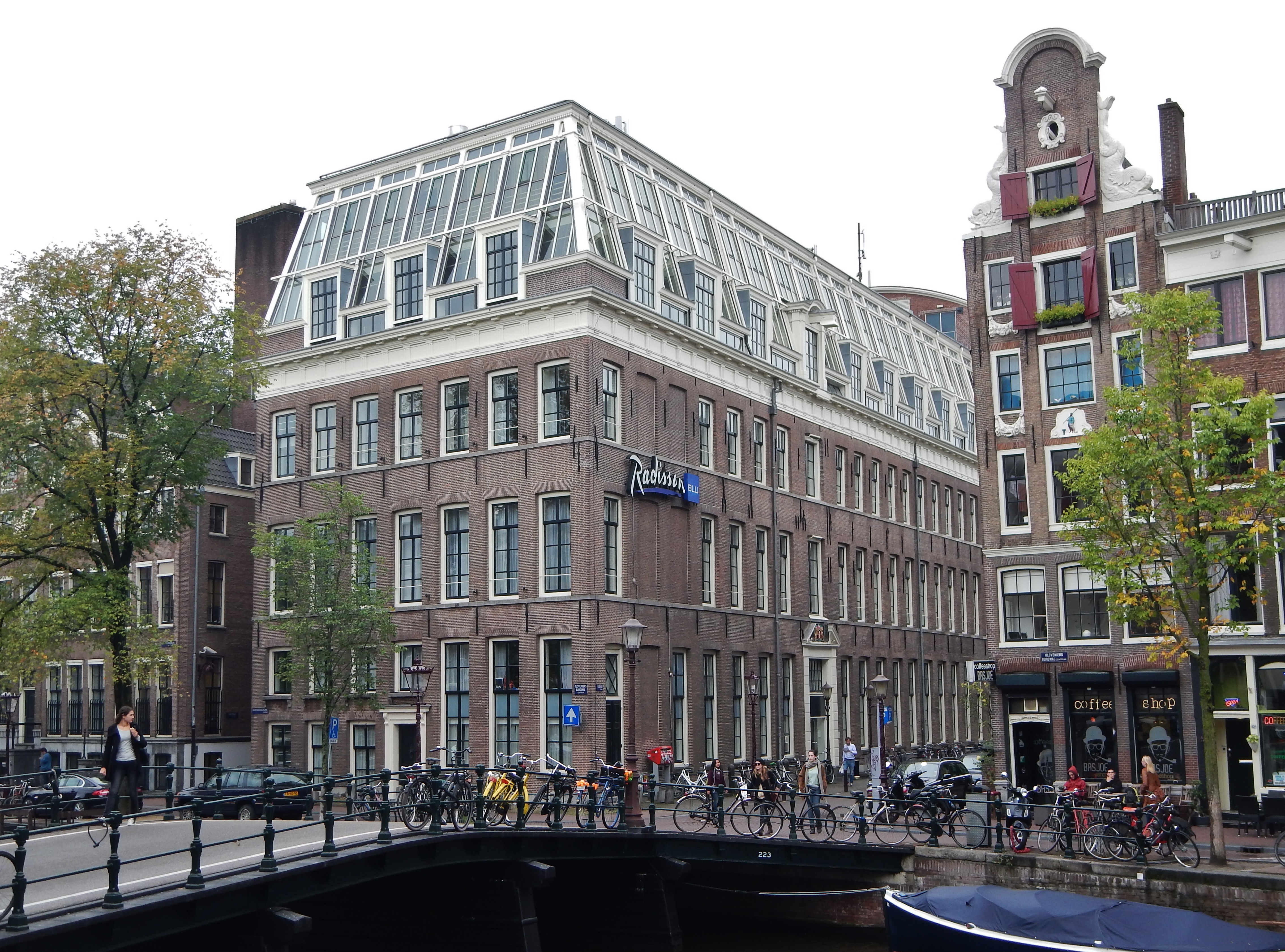 Exterior of Radisson Blu Hotel Amsterdam with its hotel sign, photographed in 2013.