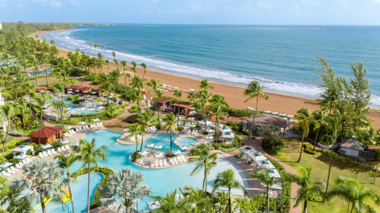 Aura and Turtle Cove pools at beachfront Wyndham Grand Rio Mar in Puerto Rico