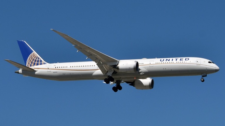 A United Airlines Boeing 787-10 coming in to land; archive image.