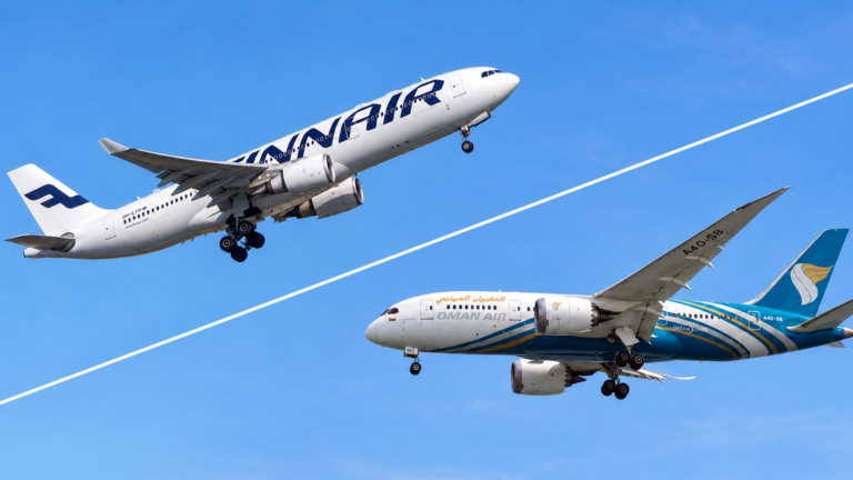 Composite of a departing Finnair aircraft on the left and an Oman Air aircraft on the right.