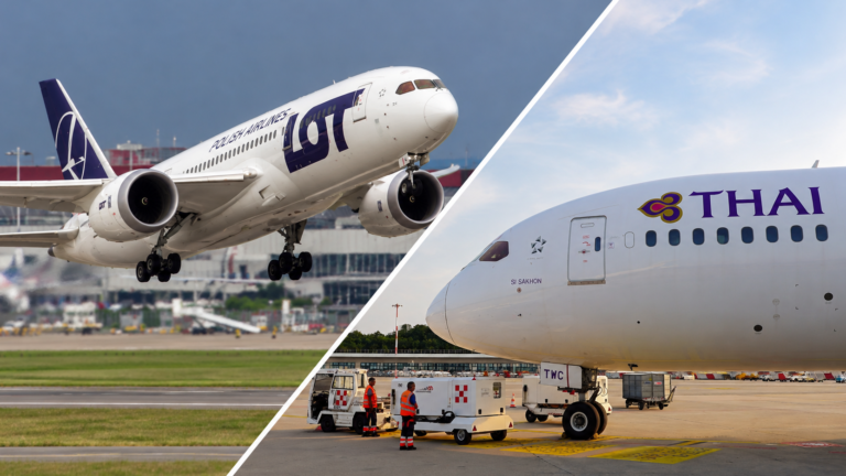 Composition of a departing LOT Boeing 787 on the left and a Thai Airways Boeing 787 on the right.
