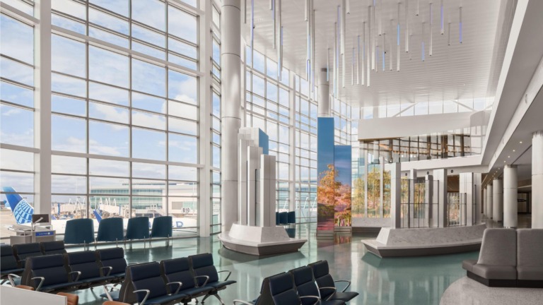 Terminal B North op Houston George Bush Intercontinental Airport, met een United-toestel buiten