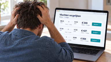 Reiziger met de handen in het haar bekijkt vliegticketprijzen op een laptop