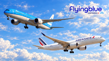 Edited KLM and Air France composite with the Flying Blue logo among natural clouds